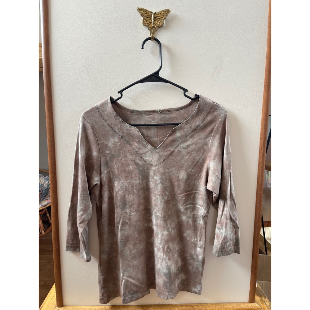 Glima Tie Dye Top Women XL Brown 3/4 Sleeve Notched V-Neck Cotton
